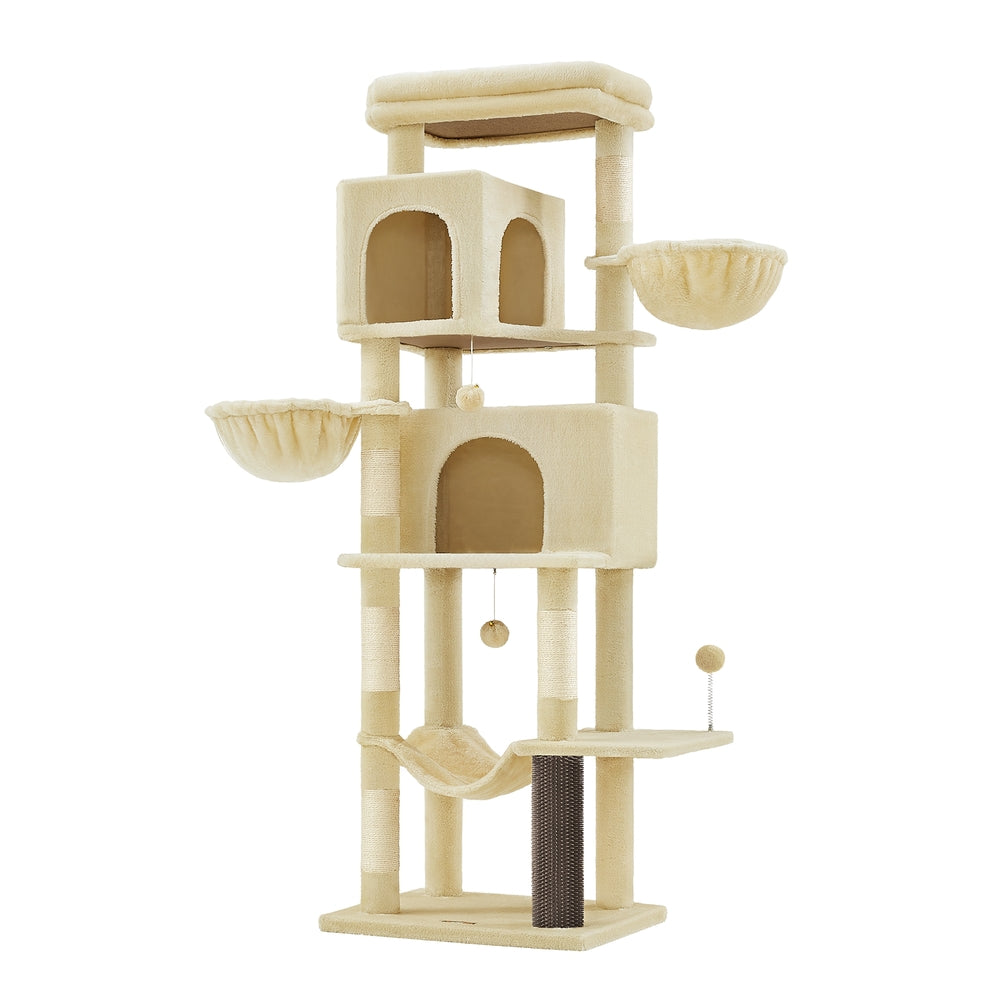 Kratzbaum Juno XXL in Sandbeige, 175 cm, mit zwei Höhlen und Liegemulden