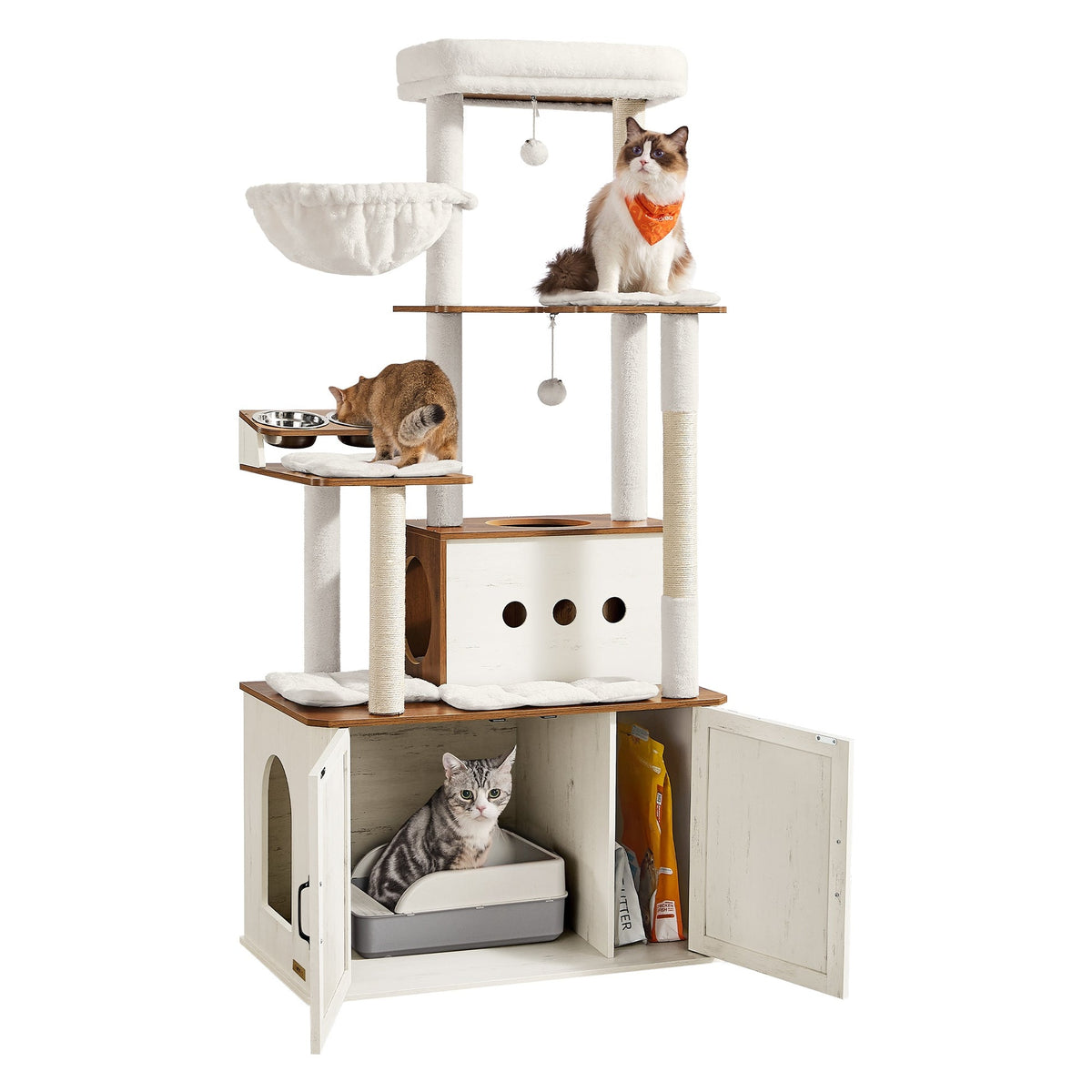 Kratzbaum Pino XXL in Vintageweiß mit Katzenklo-Schrank und Futterstation
