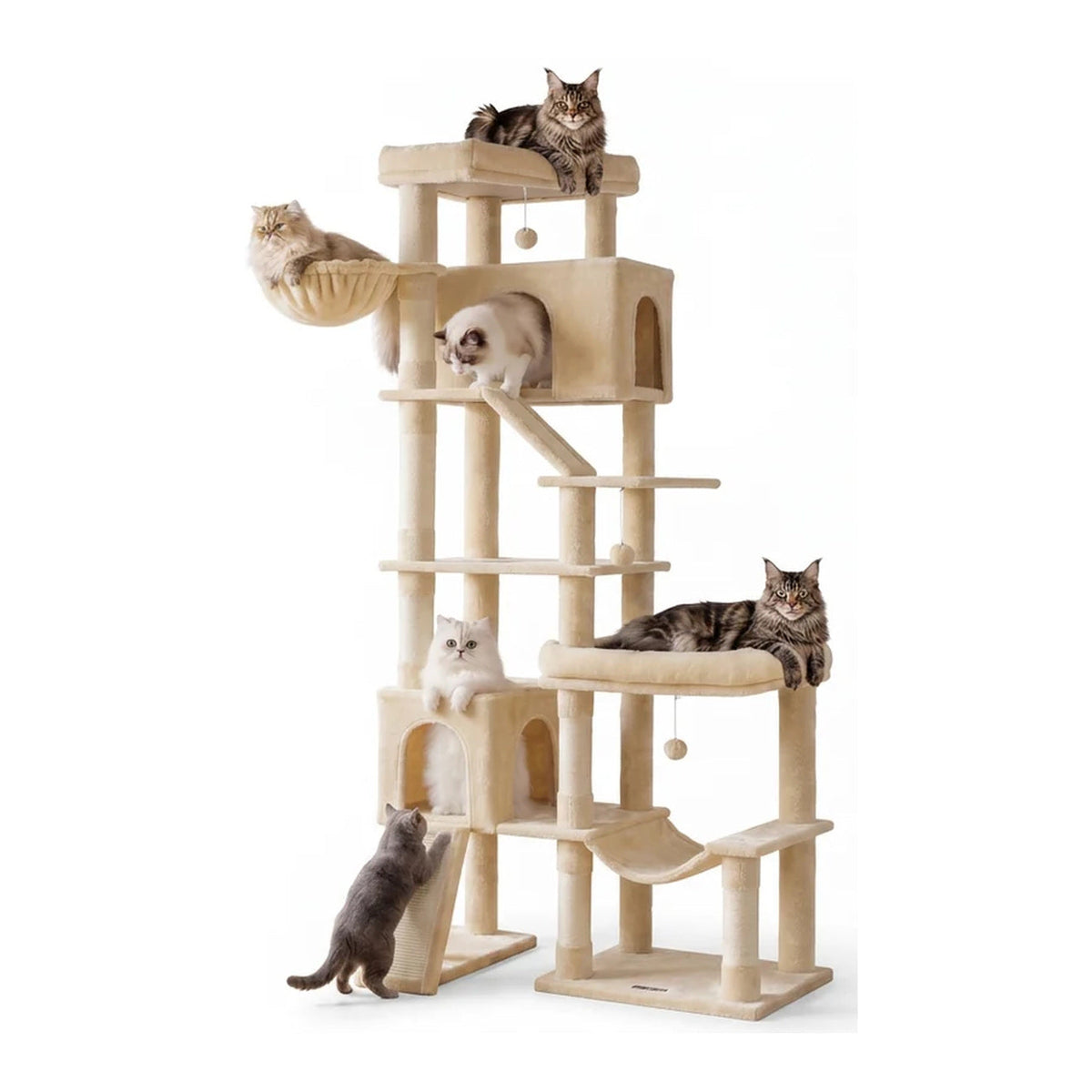 Kratzbaum Tapsi XXL Beige mit Katzen auf weißem Hintergrund