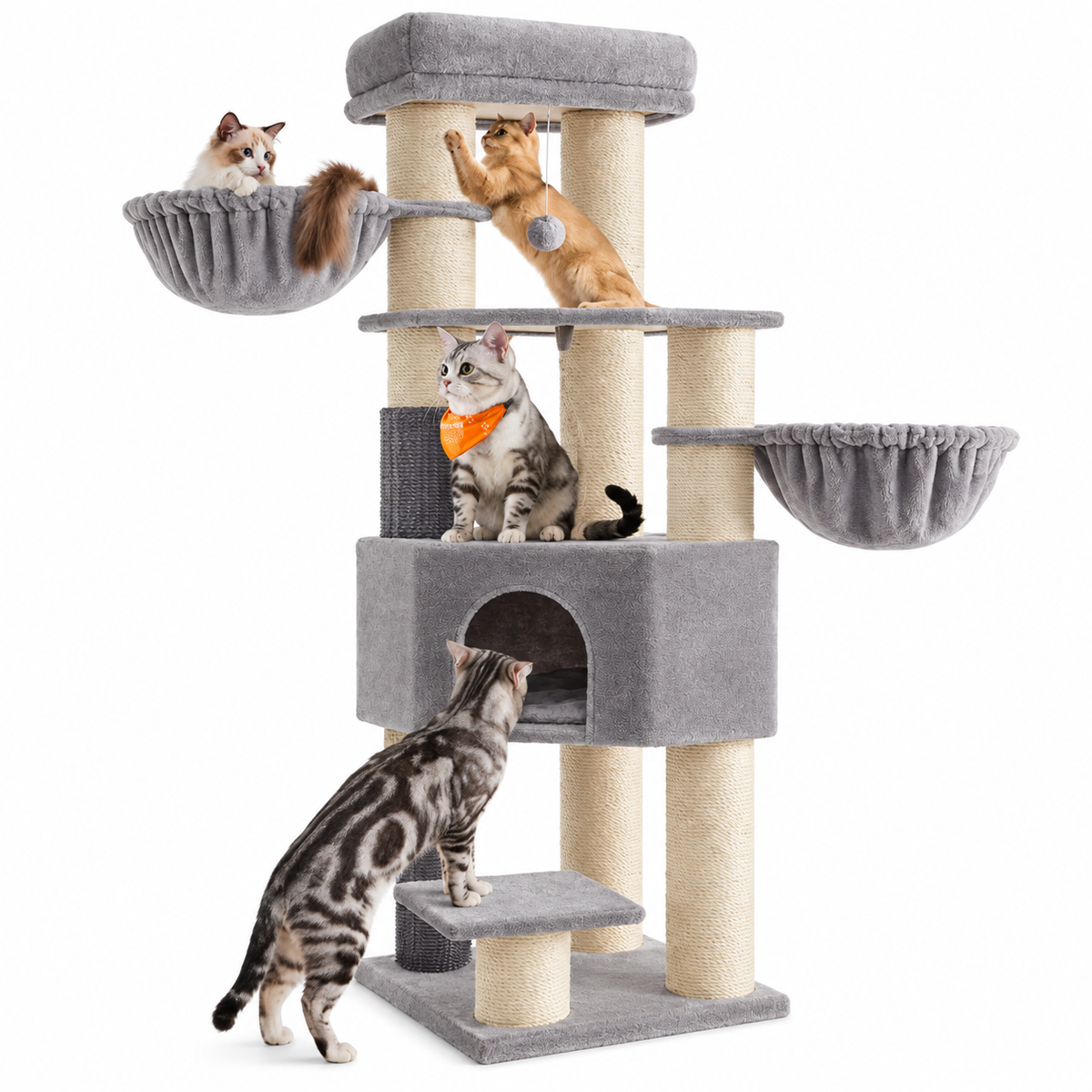 Kratzbaum Charlie XXL Grau/Beige mit vier Katzen